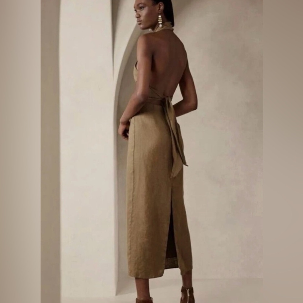 🌿 Banana Republic Lisa Linen Halter Midi Dress Khaki Column Cutout Size 8 🌿 - Picture 2 of 7